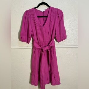 Melissa Nepton 100% Linen Dress Pink Belted Smocked Waist Puff Sleeve Petite S